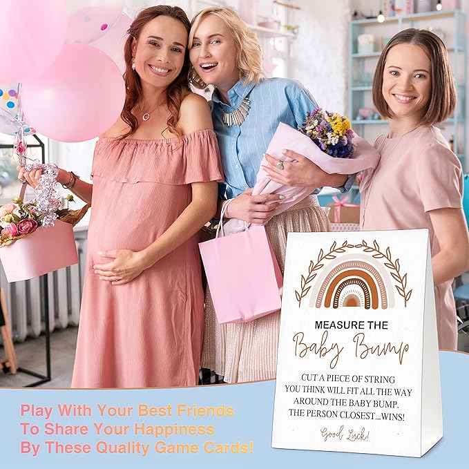 Measure the Baby Bump Baby Shower Game Set, 1 Standing Sign with 50 Guessing Cards, Boho Rainbow Gender Reveal Party Decorations Supplies - B46