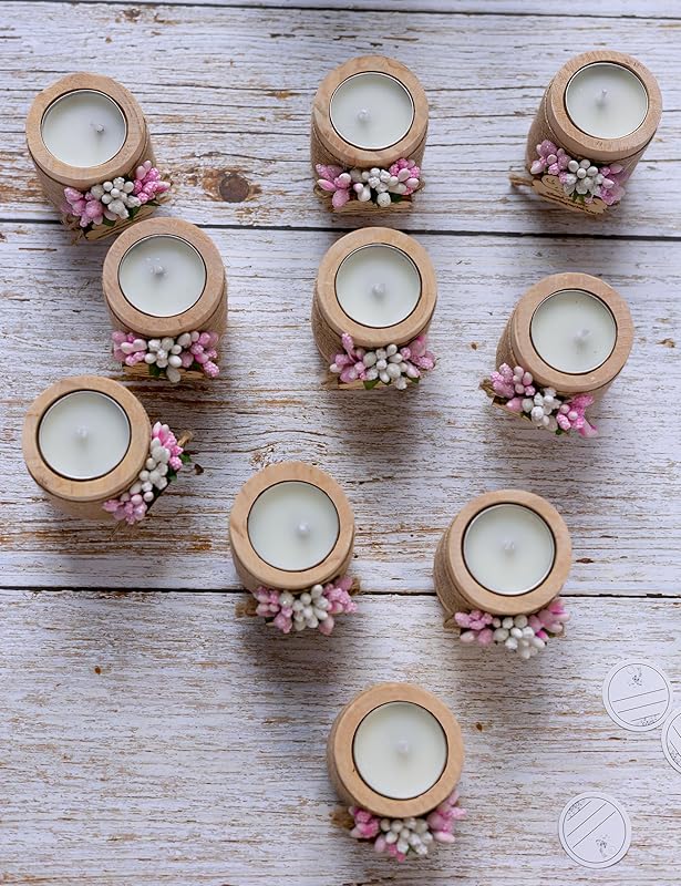 Ju's Favors Wooden Candle Holders (Set of 10), Baby Shower Favors, Candle Favors for Guests, Baby Christening Party Favors for Guests.(Light brown-pink)