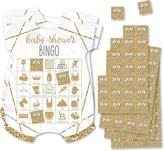 Big Dot of Happiness It’s Twins - Picture Bingo Cards and Markers - Gold Twins Baby Shower Shaped Bingo Game - Set of 18