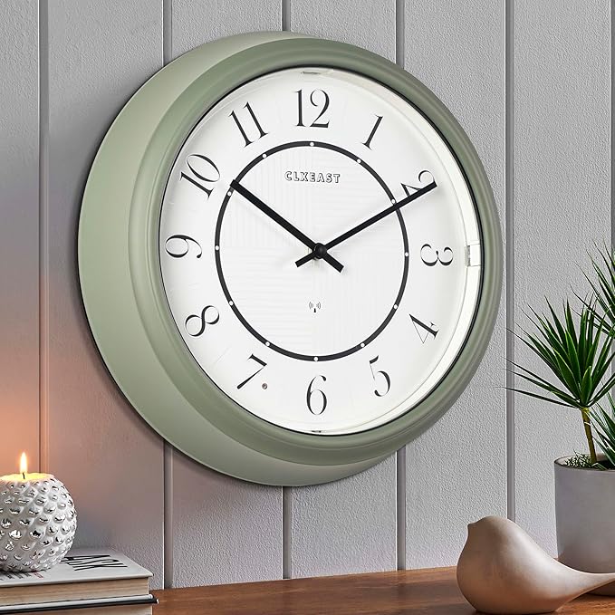 CLXEAST 14" LED Illuminated in/Outdoor Atomic Analog Wall Clock with Night Light,Coastal Beach Nautical Wall Clocks for Outdoor Patio Garden Decor, Olive Sage Green Finish