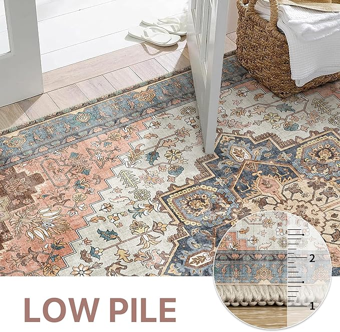 GENIMO 3x10 Runner Rugs for Hallway, Machine Washable Non Slip Vintage Rugs, Low Pile Lightweight Soft Print Rug for enrtyway, Corridor, Home Office, Kitchen, Blue Brick Red
