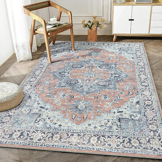 Bloom Rugs Washable Non-Slip 6' x 9' Rug - Coral/Blue Traditional Medallion Area Rug for Living Room, Bedroom, Dining Room, and Kitchen - Exact Size: 6' x 9'