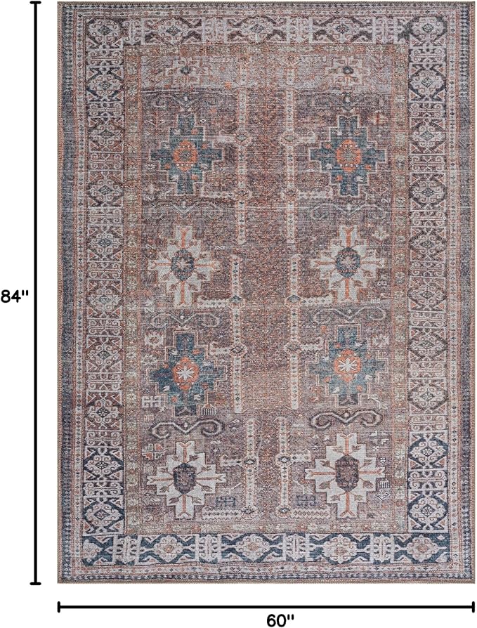 Bloom Rugs Washable 5' x 7' Rug - Brown/Blue/Orange Traditional Area Rug for Living Room, Bedroom, Dining Room, and Kitchen - Exact Size: 5' x 7'