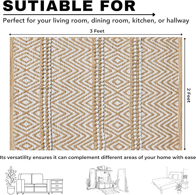 Jute Cotton Stripe Area Rug for Living Room 24x36 Inch - Natural Ivory - Machine Washable 2x3 Feet Rugs - 70% Jute and 30% Cotton