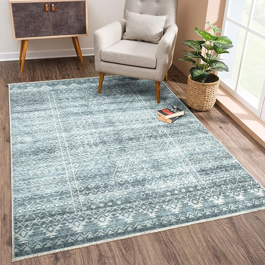 Bloom Rugs Caria Washable Non-Slip 9x12 Rug - Teal/Ivory Geometric Area Rug for Living Room, Bedroom, Dining Room, and Kitchen - Exact Size: 9' x 12'