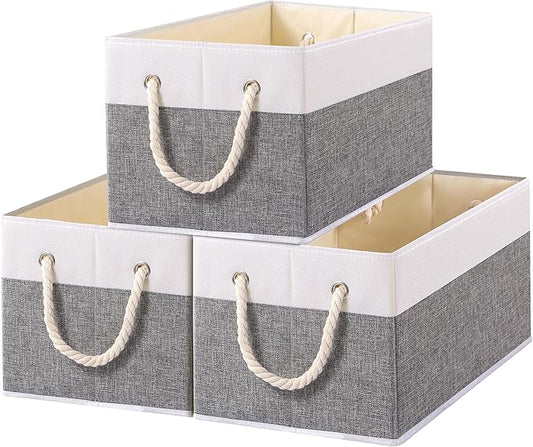 Yawinhe Collapsible Storage Bins 3-Pack, Large Fabric Baskets with Rope Handle, Organizers for Shelves, Closets, Clothes, 16.53''Lx11.81''Wx10.23''H, White/Grey
