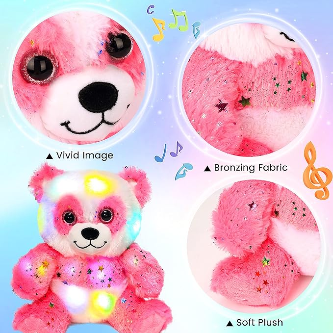 Hopearl LED Musical Plush Panda Lighting Up Singing Stuffed Toy Adjustable Volume Lullaby Animated Soothe Birthday Festival for Kids, Pink, 10.5''