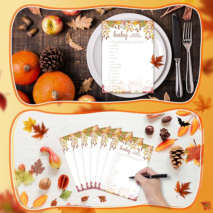 Baby Shower Games Cards, Autumn Word Scramble Game, Thanksgiving Boy or Girl Baby Gender Reveal Party Favors Decorations and Supplies, 25 Pcs Double-Sided - E07