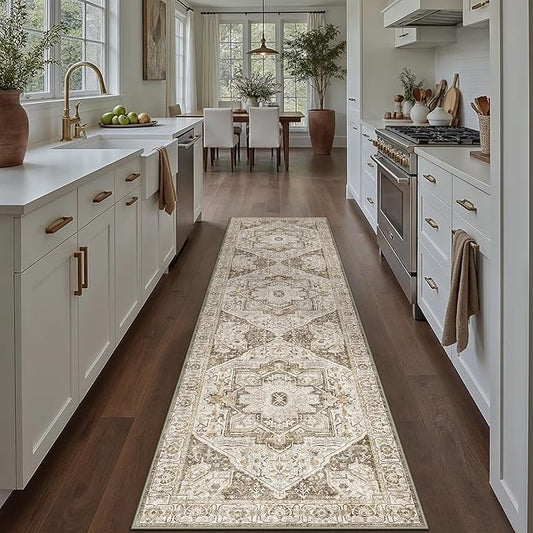 Brown Hallway Runner Rug 2x10 Vintage Washable Distressed Area Carpet Kitchen Indoor Non Slip Long Traditional Medallion Retro Accent Throw Rug for Bedroom Laundry Office Dining Living Room