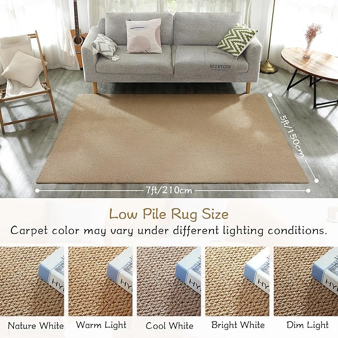 Carvapet 5x7 Rugs for Living Room Bedroom, Washable Jute Low Pile Solid Natural Carpet with Rubber Backing, Foldable, Non Slip Thin Area Rug