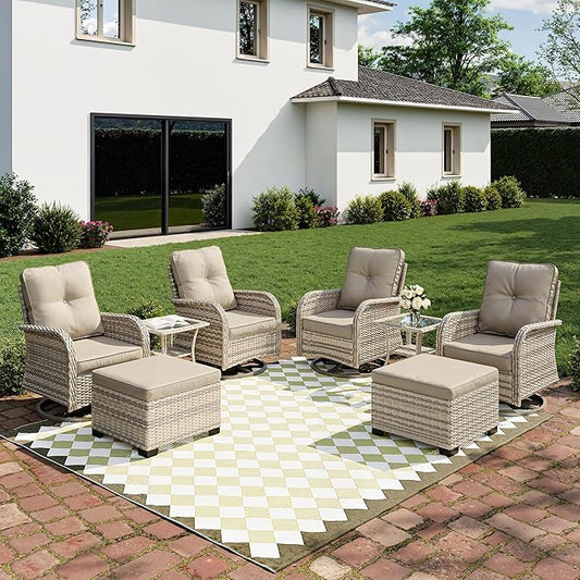 8-Piece Small Patio Furniture Set, Outdoor Swivel Rocking Chairs Set with Ottomans, Patio Bistro Set for Balcony, Deck, Porch, Khaki