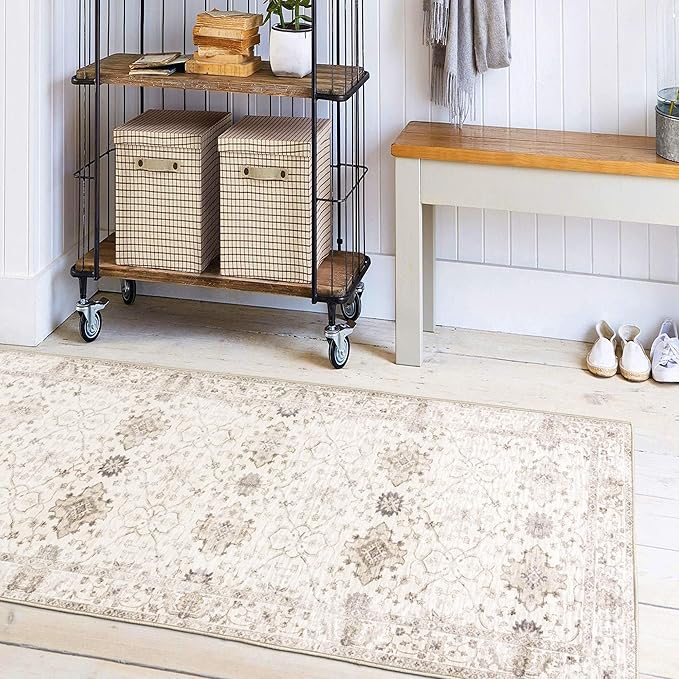 ReaLife Rugs Machine Washable Area Rug Runner - Living Room Bedroom Bathroom Kitchen Entryway Office - Padded Low Pile Stain Resistant Premium - Boho Farmhouse Vintage - BEV - Beige 2'6" x 10'
