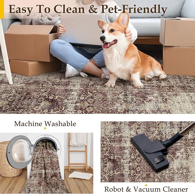 Vintage Area Rug 6x9 Rust Red Washable Living Room Large Carpet Non Slip Bedroom Indoor Office Low Pile Traditional Distressed Retro Accent Rug for Dining Room Kitchen