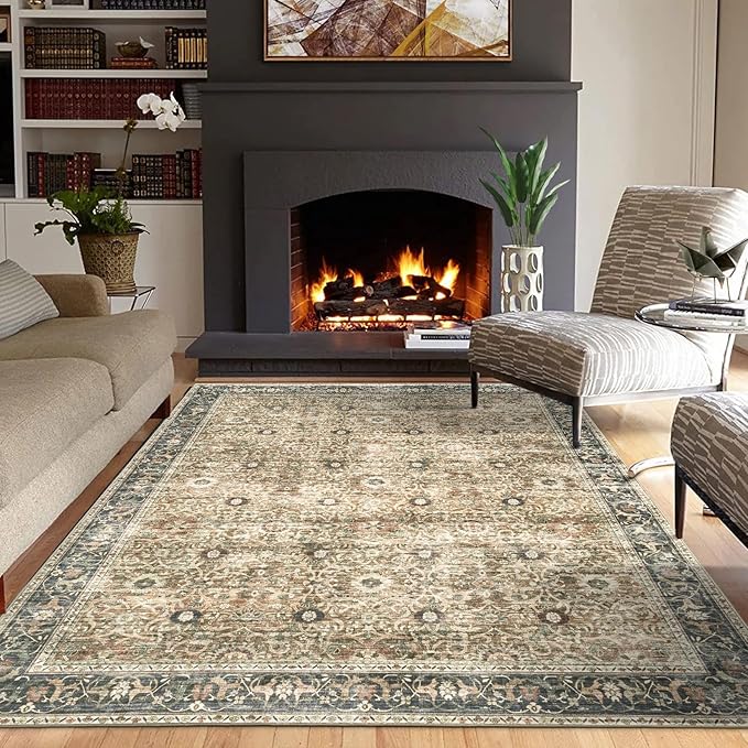 ReaLife Rugs Machine Washable Area Rug Runner - Living Room Bedroom Bathroom Kitchen Entryway Office - Padded Low Pile Stain Resistant Premium - Boho Farmhouse Vintage - Dua - Brown Gray Beige 3'x5'