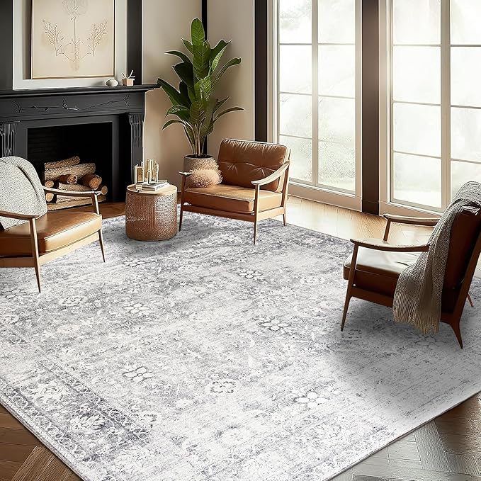 ReaLife Rugs Machine Washable Area Rug Runner - Living Room Bedroom Bathroom Kitchen Entryway Office - Padded Low Pile Stain Resistant Premium - Boho Farmhouse Vintage - Noor - Silver Ivory 3' x 5'