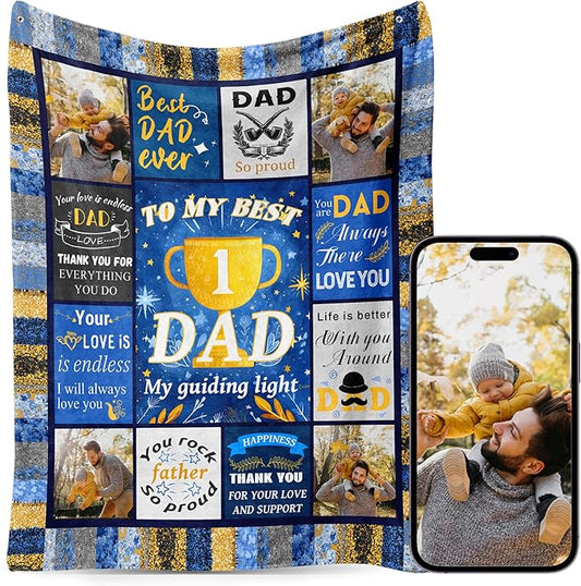 Personalized Fathers Day Birthday for Dad Custom Throw Blanket with Pictures, Customized Photo Blankets Gift for Daddy Men Grandpa Husband from Daughter Son Kids Wife (Bule Grid dad)
