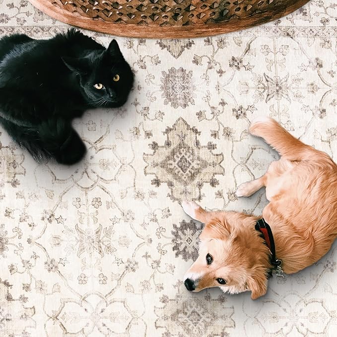 ReaLife Rugs Machine Washable Area Rug Runner - Living Room Bedroom Bathroom Kitchen Entryway Office - Padded Low Pile Stain Resistant Premium - Boho Farmhouse Vintage - BEV - Beige 2'6" x 6'