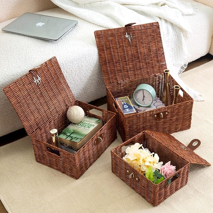 Set of 3 Woven Wicker Storage Basket Box with Lid & Lock, Built-in Carry Handles, Multifunctional Storage Organiser for Nursery, Baby, Clothes, Toys, Books, Large/Medium/Small Size (Natural)