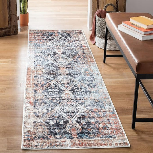 Bloom Rugs Washable Non-Slip 7 ft Runner - Orange/Black Traditional Runner for Entryway, Hallway, Bathroom, and Kitchen - Exact Size: 2.5' x 7'
