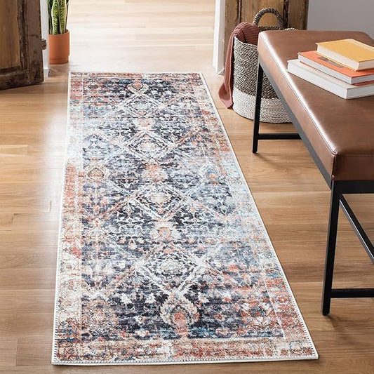 Bloom Rugs Washable Non-Slip 10 ft Runner - Orange/Black Traditional Runner for Entryway, Hallway, Bathroom, and Kitchen - Exact Size: 2.5' x 10'