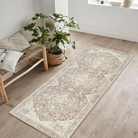 Bloom Rugs Washable Non-Slip 7 ft Runner - Light Brown Traditional Medallion Runner for Entryway, Hallway, Bathroom, and Kitchen - Exact Size: 2.5' x 7'