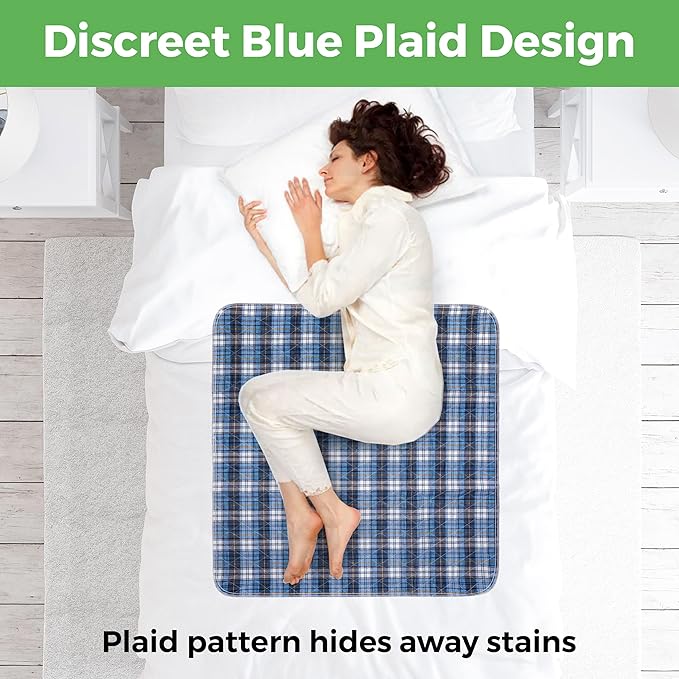 Bed Pads Washable Waterproof, Incontinence Bed Pads for Women and Men, Reusable Waterproof Mattress Protector, Non-Slip, 36" x 34", Blue Plaid, 2 Pack