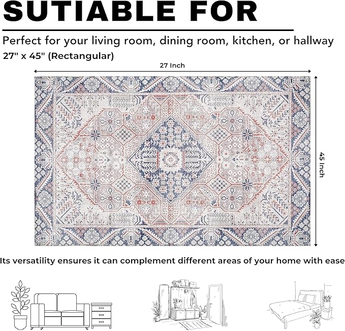 Washable Soft Small Boho Area Rugs,Rags Rug, Printed Carpet Chennile Rugs for Living Room 27x45 inch Beige Grey Multi,Machine Washable Printed Rugs - 30% Cotton, 70% Polyester