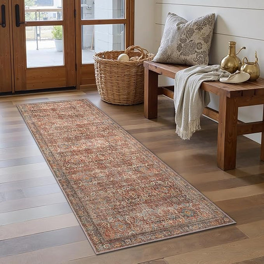 GENIMO 2x6 Runner Rugs for Hallway, Machine Washable Non Slip Vintage Rugs, Low Pile Lightweight Soft Print Rug for enrtyway, Corridor, Home Office, Kitchen, Terracotta Indigo