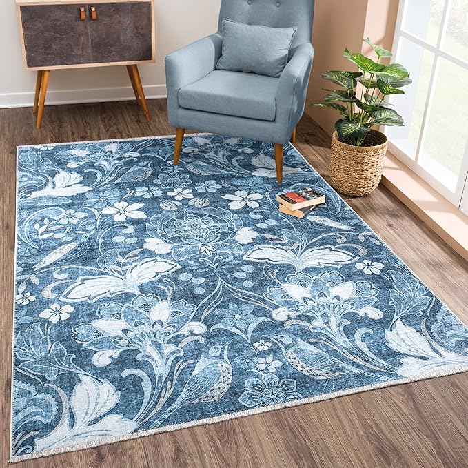 Bloom Rugs Caria Washable Non-Slip 9x12 Rug - Blue/Ivory Floral Area Rug for Living Room, Bedroom, Dining Room, and Kitchen - Exact Size: 9' x 12'