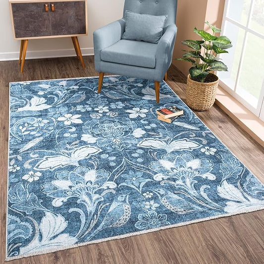 Bloom Rugs Caria Washable Non-Slip 9x12 Rug - Blue/Ivory Floral Area Rug for Living Room, Bedroom, Dining Room, and Kitchen - Exact Size: 9' x 12'