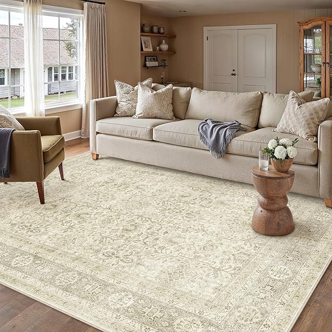 Vintage Area Rug 4x5 Beige Entryway Office Washable Carpet Non Slip Bedroom Indoor Living Room Door Mat Low Pile Traditional Distressed Retro Accent Rug for Dining Room Bathroom Kitchen