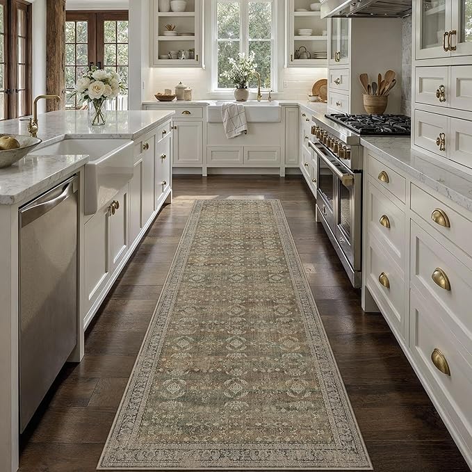 3x8 Brown Area Rug Runners for Hallways Washable Vintage Distressed Carpet Low Pile Non Slip Indoor Retro Soft Long Accent Rug Bedroom Kitchen Bathroom Laundry Dining Living Room