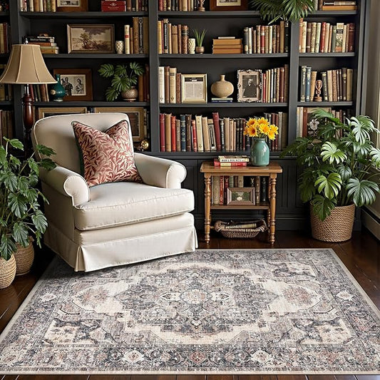 jinchan Area Rug 4x6 Washable Vintage Rug Floor Cover Traditional Thin Grey Multi Distressed Floral Print Indoor Mat for Bedroom Living Room Kitchen Dining Room