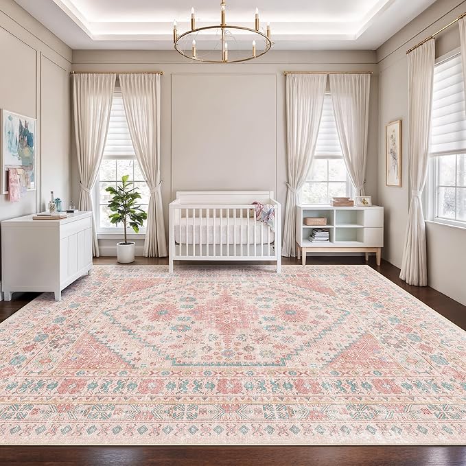 zesthome 10x14 Area Rugs - Large Pink Rugs for Bedroom Girls, Stain Resistant Washable Rugs, Vintage Low Pile Rug, Nursery Room Rug, Pink Room Decor (Pink/Blue,10'x14')