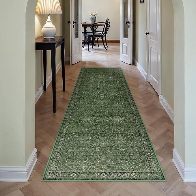 Vintage Runner Rug 2x8 Washable Hallway Carpet Non Slip Long Green Bedroom Low Pile Kitchen Distressed Retro Accent Throw Rug for Bathroom Dining Laundry Living Room