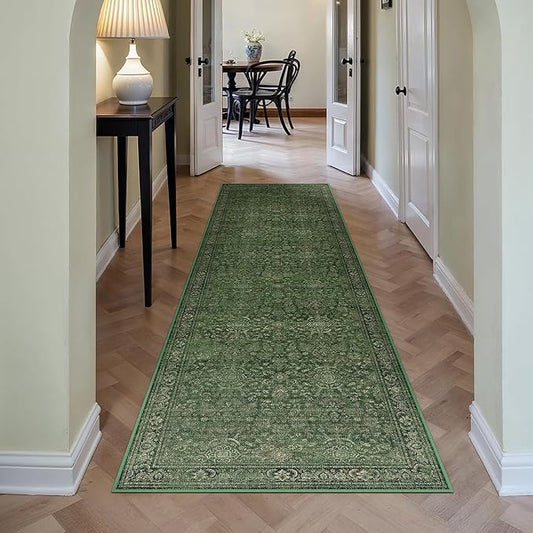 Vintage Runner Rug 2x8 Washable Hallway Carpet Non Slip Long Green Bedroom Low Pile Kitchen Distressed Retro Accent Throw Rug for Bathroom Dining Laundry Living Room