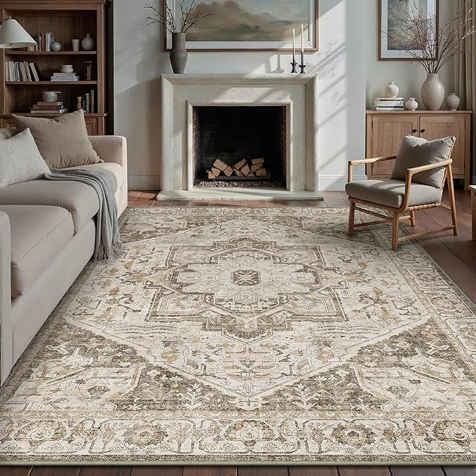 Brown Area Rug 6x9 Vintage Washable Distressed Living Room Carpet Large Indoor Non Slip Traditional Medallion Retro Low Pile Accent Throw Rug Bedroom Kitchen Office Dining Room