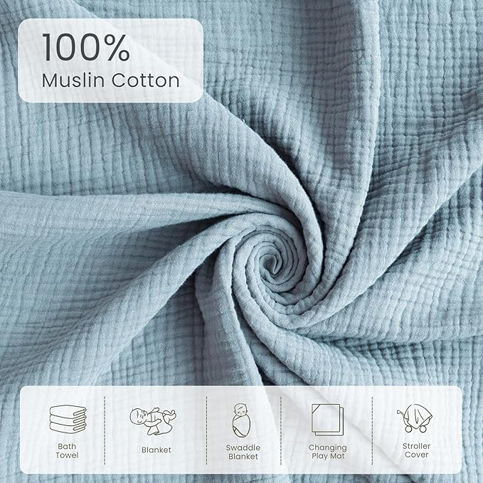 Konssy 2-Pack Muslin Hooded Baby Towels, 100% Cotton, Ultra-Soft & Absorbent Baby Bath Towels with Hood for Newborn & Infant (Blue, Blue Whale, 30'' x 30'')