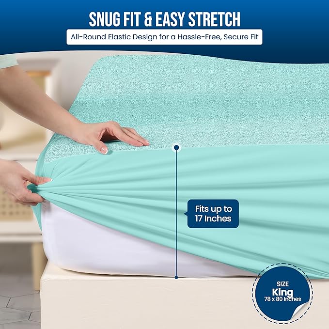 Utopia Bedding Waterproof Mattress Protector King Size, Premium Terry Mattress Cover 200 GSM, Breathable, Fitted Style with Stretchable Pockets (Spa Blue)