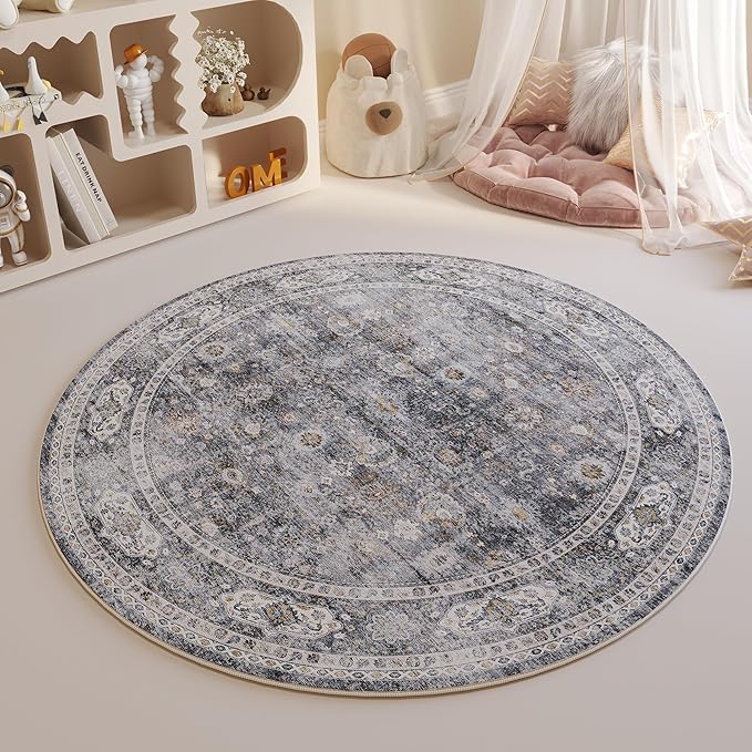 Round Rug 4ft Washable Circle Rug Non Slip Low Pile Boho Small Circular Rug for Bedroom, Bathroom, Entryway, Kids Room, Office, College Dorm(Grey and Brown)