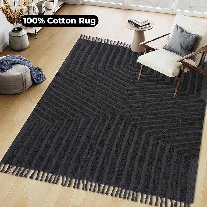 Boho Bathroom Rug 4' x 6', Washable Hand-Woven Tufted Cotton with Tassels, Farmhouse Kitchen Mat for Foyer, Bedroom, Back Door Décor - Dark Grey