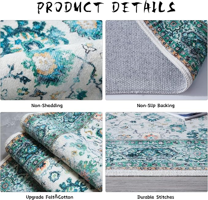 Area Rugs 8x10 Rug for Living Room Clearance Washable Boho Area Rug Non Slip Soft Vintage Low Pile Large Rug for Living Room, Bedroom, Farmhouse, Dining Room, Kids Playroom(Green)