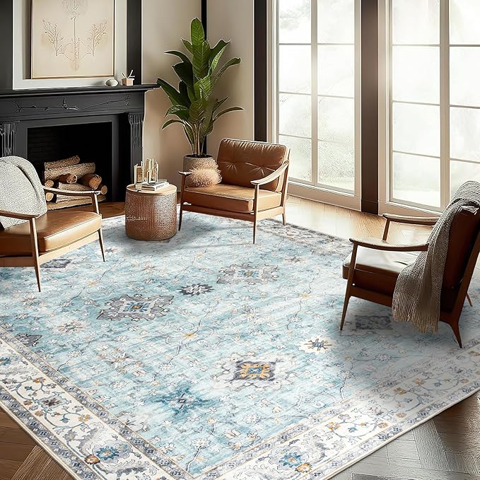 ReaLife Rugs Machine Washable Area Rug - Living Room Bedroom Bathroom Kitchen Entryway Office - Padded Low Pile Stain Resistant Premium - Boho Farmhouse Vintage - BEV - Blue Ivory 7'6" x 9'6"