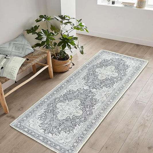 Bloom Rugs Washable Non-Slip 10 ft Runner - Charcoal Blue Traditional Medallion Runner for Entryway, Hallway, Bathroom, and Kitchen - Exact Size: 2.5' x 10'