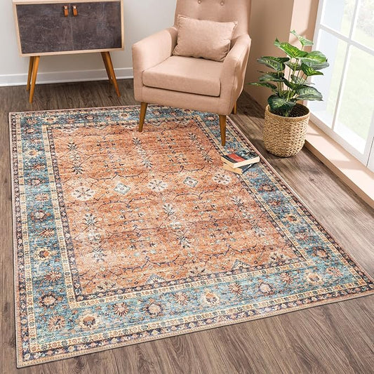 Bloom Rugs Washable Non-Slip 6' x 9' Rug - Orange/Teal Blue Traditional Bordered Area Rug for Living Room, Bedroom, Dining Room, and Kitchen - Exact Size: 6' x 9'