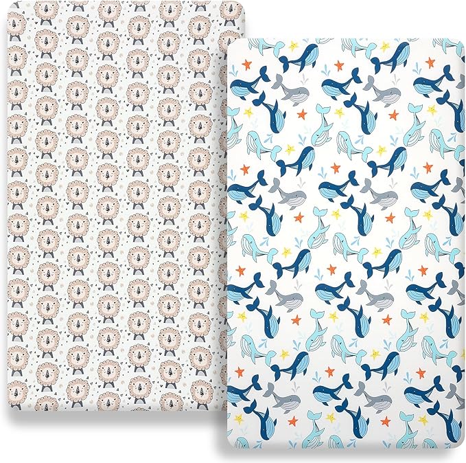 Pack n Play Flat Sheet 2 Piece Mini Crib Sheet Elastic Playard Sheet Set Portable Sheet Set Elastic Convertible Playmat Compatible Graco Pack n Play (Owl and Tree Bag) (Whale & Lion)