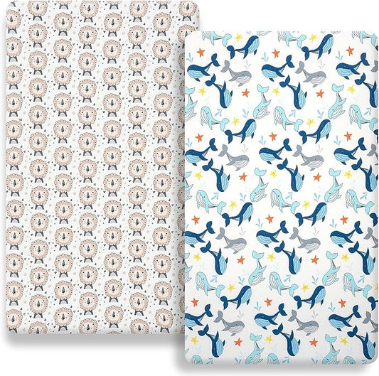 Pack n Play Flat Sheet 2 Piece Mini Crib Sheet Elastic Playard Sheet Set Portable Sheet Set Elastic Convertible Playmat Compatible Graco Pack n Play (Owl and Tree Bag) (Whale & Lion)