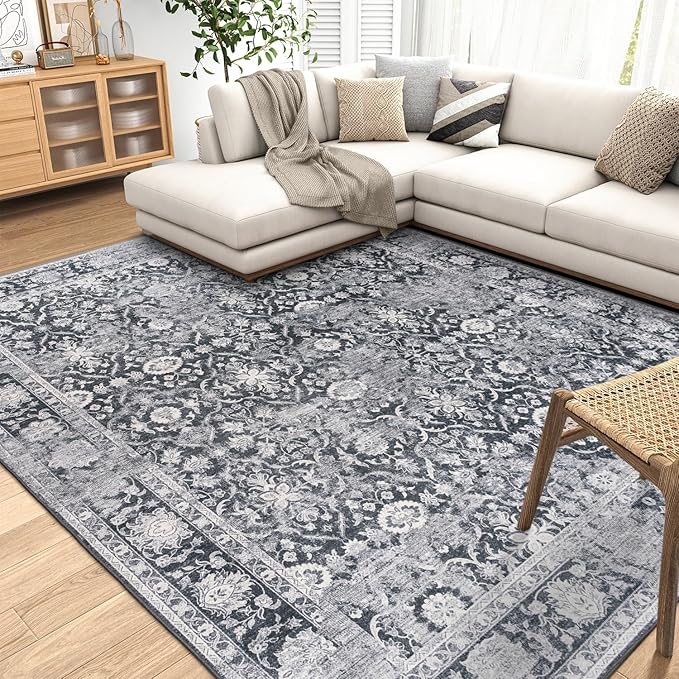 ReaLife Rugs Machine Washable Area Rug - Living Room Bedroom Bathroom Kitchen Entryway Office - Padded Low Pile Stain Resistant Premium - Boho Farmhouse Vintage - Noor - Dark Gray Ivory 5' x 7'