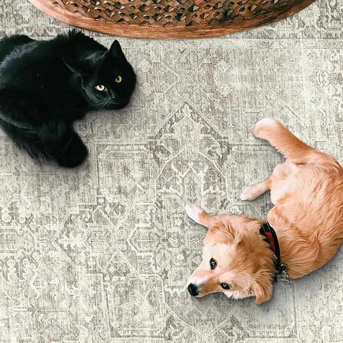 ReaLife Rugs Machine Washable Area Rug - Living Room Bedroom Bathroom Kitchen Entryway Office - Padded Low Pile Stain Resistant Premium - Boho Farmhouse Vintage - Lyle - Beige Ivory 6' Round