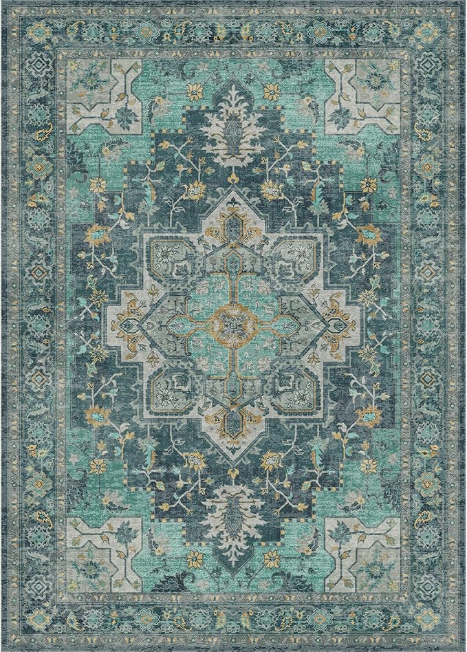 GENIMO 8x10 Area Rugs for Living Room, Machine Washable Non Slip Vintage Rugs, Low Pile Lightweight Chenille Print Rug for Bedroom, Dining Room, Home Office, Dark Green